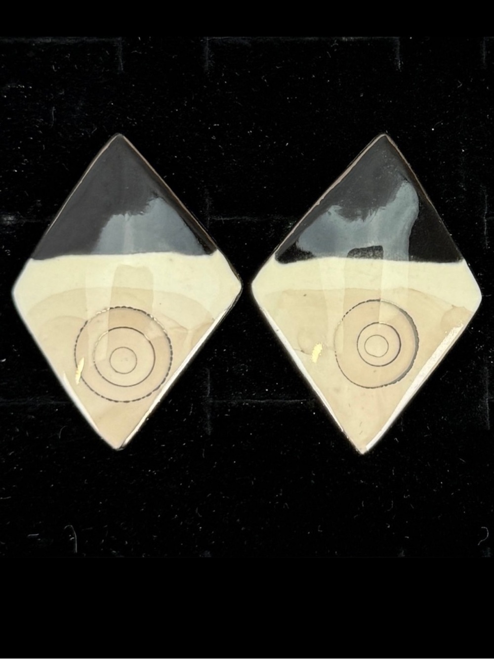 Vintage, handmade, ceramic geometric black cream pierced earrings